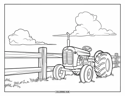 Coloriage de ferme pour enfants : Un tracteur de ferme classique aux pneus géants se repose près d'une clôture