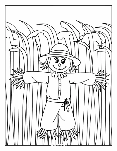 Coloriage de ferme pour enfants : Un épouvantail classique au chapeau de paille écarte les bras dans un champ