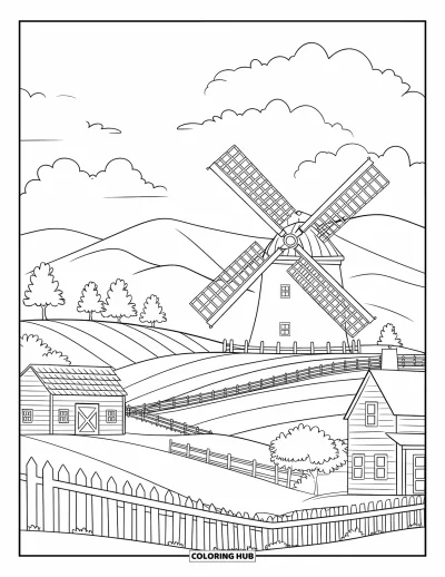 Coloriage de ferme pour enfants : Un moulin à vent classique se dresse fièrement parmi des champs, des granges et des arbres