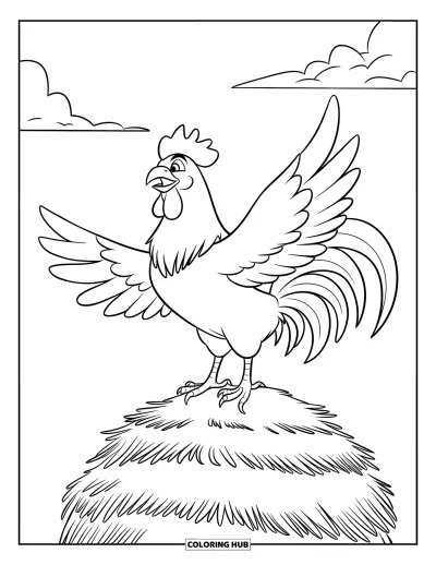 Coloriage de ferme pour enfants : Un coq sûr de lui bat des ailes au sommet d'un tas de foin