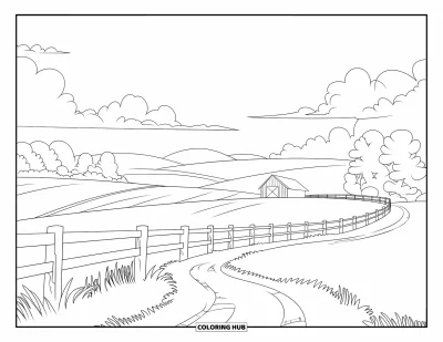 Coloriage de ferme pour enfants : Un paysage de campagne avec une grange, un sentier sinueux et des collines ondulées