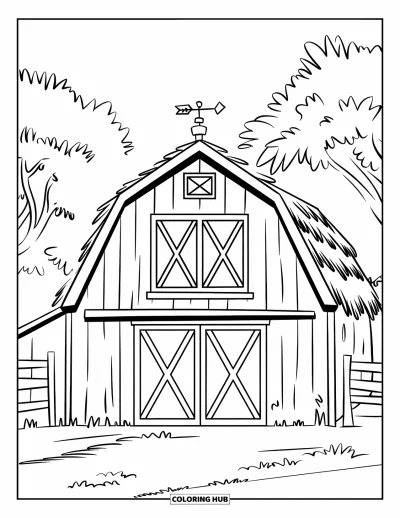 Coloriage de ferme pour enfants : Une grange chaleureuse avec de grandes portes et une girouette au sommet