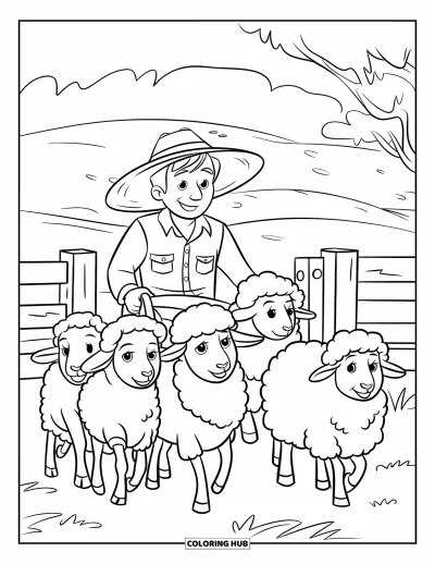 Coloriage de ferme pour enfants : Une scène de ferme chaleureuse avec un fermier qui guide des moutons à travers un portail rustique