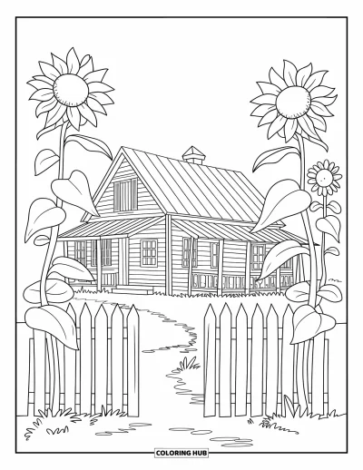 Coloriage de ferme pour enfants : Une ferme chaleureuse avec une clôture blanche et des tournesols en fleurs