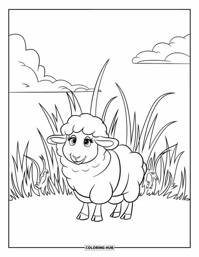 Coloriage de ferme pour enfants : Un mouton au pelage épais se repose tranquillement dans le pré