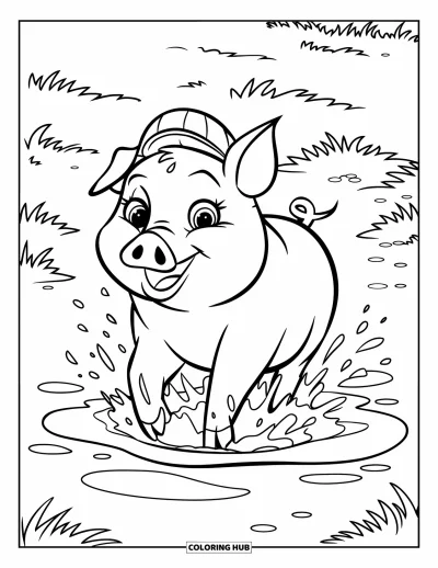 Coloriage de ferme pour enfants : Un cochon mignon éclabousse joyeusement une petite flaque de boue