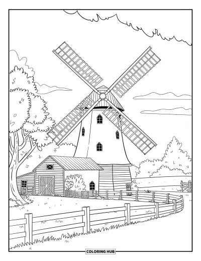 Coloriage de ferme pour enfants : Un moulin à vent de ferme tourne au-dessus d'un beau paysage vallonné