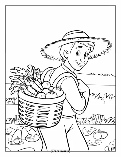 Coloriage de ferme pour enfants : Un fermier porte un panier qui déborde de légumes fraîchement cueillis