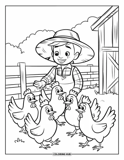Coloriage de ferme pour enfants : Un fermier au chapeau de paille lance du grain à des poules impatientes