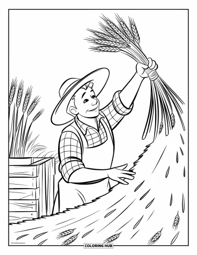 Coloriage de ferme pour enfants : Un fermier au chapeau de paille jette du blé sur un tas qui grandit
