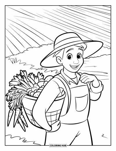 Coloriage de ferme pour enfants : Un fermier en salopette tient fièrement un panier de produits du potager