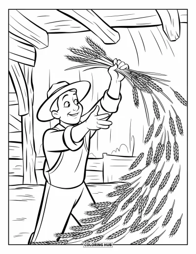 Coloriage de ferme pour enfants : Un fermier empile du blé, entouré de caisses en bois et d'une grange
