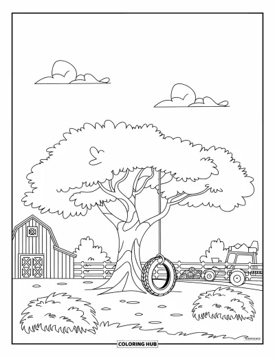 Coloriage de ferme pour enfants : Une scène de cour de ferme avec une balançoire accrochée à un arbre, une grange et des animaux au pâturage