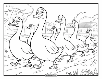 Coloriage de ferme pour enfants : Un groupe d'oies se dandine en formation dans une ferme paisible