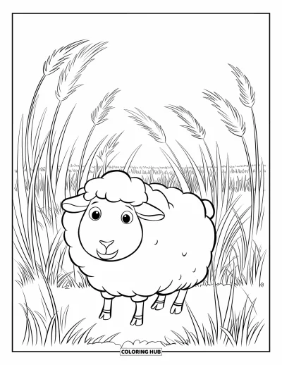 Coloriage de ferme pour enfants : Un mouton tout duveteux se tient dans un champ de hautes herbes