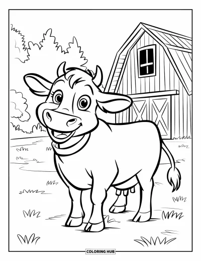 Coloriage de ferme pour enfants : Une vache amicale aux grands yeux profite de l'air frais de la ferme
