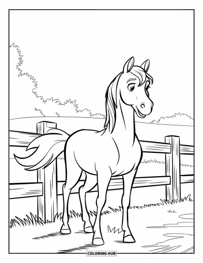 Coloriage de ferme pour enfants : Un cheval amical profite d'un moment tranquille près de la clôture
