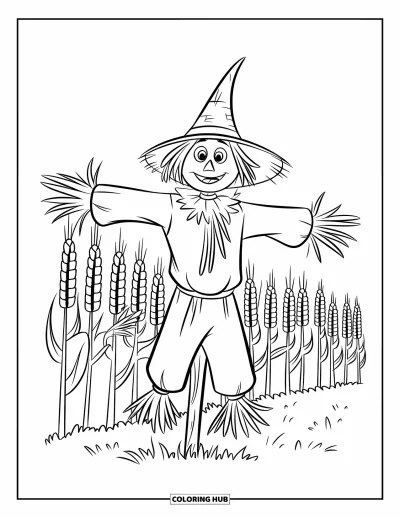 Coloriage de ferme pour enfants : Un épouvantail amical surveille un champ de hautes cultures