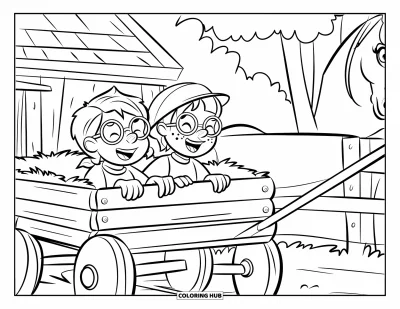 Coloriage de ferme pour enfants : Une balade en charrette amusante avec deux enfants qui rient et un chariot tiré par un cheval