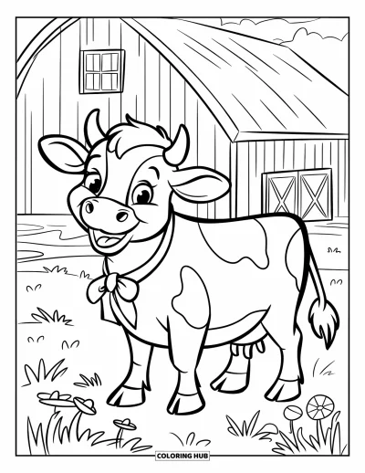 Coloriage de ferme pour enfants : Une vache douce broute tranquillement dans un pré près de la grange