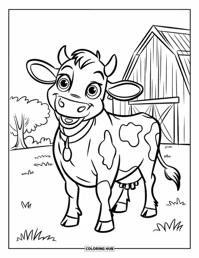Coloriage de ferme pour enfants : Une vache heureuse se tient dans un champ herbeux près d'une grande grange