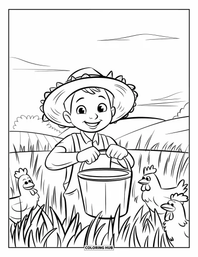 Coloriage de ferme pour enfants : Un fermier heureux fait signe de la main pendant que des poules picorent à côté