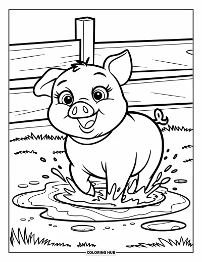 Coloriage de ferme pour enfants : Un cochon joyeux éclabousse la boue en jouant dans une flaque