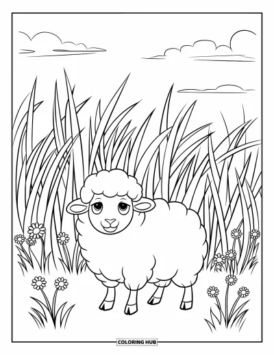 Coloriage de ferme pour enfants : Un mouton heureux se tient dans un champ d'herbe douce qui ondule
