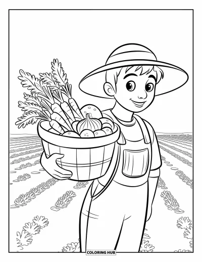 Coloriage de ferme pour enfants : Un fermier courageux porte un panier rempli de récoltes fraîches dans la ferme