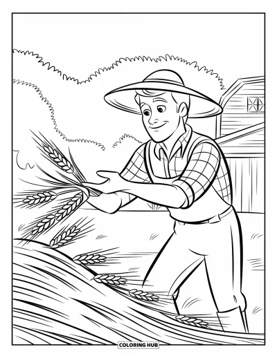 Coloriage de ferme pour enfants : Un fermier travailleur ramasse du blé dans une ferme rustique