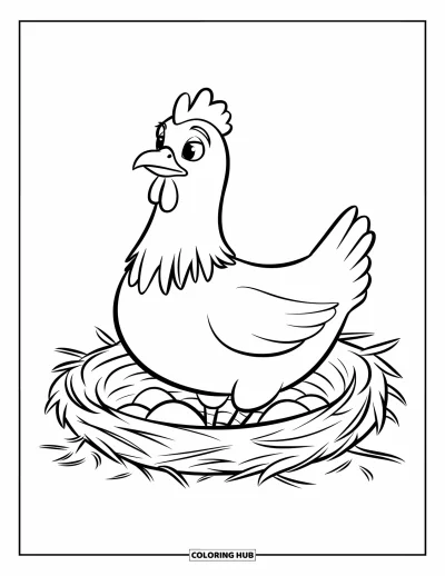 Coloriage de ferme pour enfants : Une poule est fièrement assise sur son nid et garde ses œufs au chaud