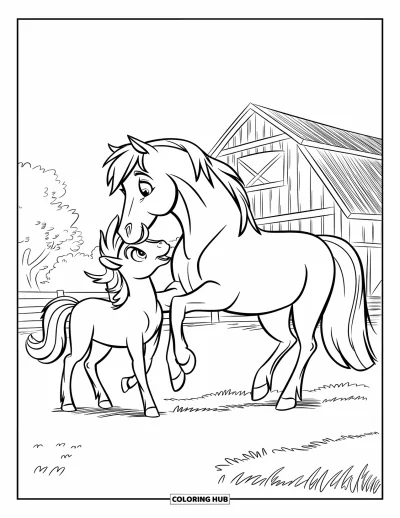 Coloriage de ferme pour enfants : Un cheval et un poney se frottent affectueusement le museau devant la grange
