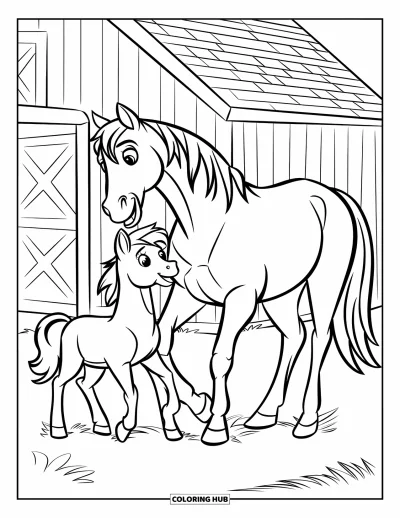 Coloriage de ferme pour enfants : Un cheval et un poney jouent joyeusement près d'une grande grange rouge