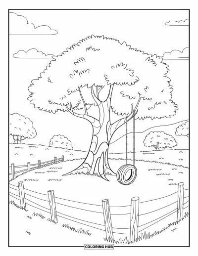 Coloriage de ferme pour enfants : Un grand arbre avec une balançoire en pneu classique dans une ferme aux collines vallonnées