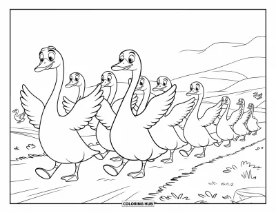 Coloriage de ferme pour enfants : Une file d'oies se promène sur un petit chemin tranquille de la ferme