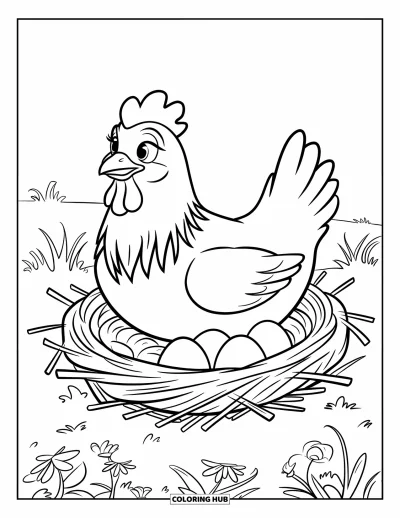 Coloriage de ferme pour enfants : Une poule maman veille sur ses œufs dans un nid de paille douillet