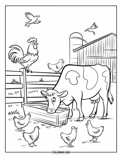 Coloriage de ferme pour enfants : Une scène de ferme paisible avec un coq, des vaches et un ciel matinal lumineux