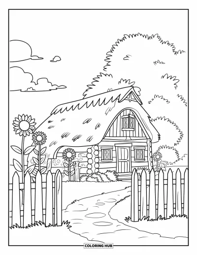 Coloriage de ferme pour enfants : Une ferme paisible avec un jardin de tournesols et un sentier sinueux