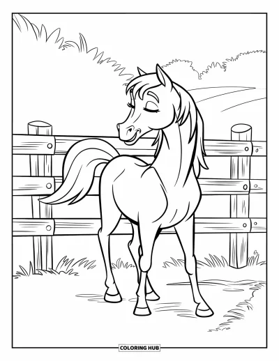 Coloriage de ferme pour enfants : Un cheval paisible se repose à côté d'une clôture rustique en bois
