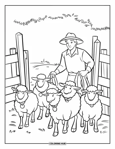 Coloriage de ferme pour enfants : Un moment paisible où un fermier mène des moutons à travers une clôture en bois