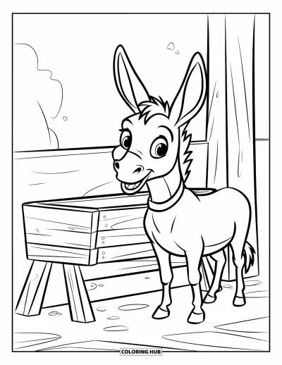 Coloriage de ferme pour enfants : Un âne joueur se tient près d'un abreuvoir, les oreilles bien dressées