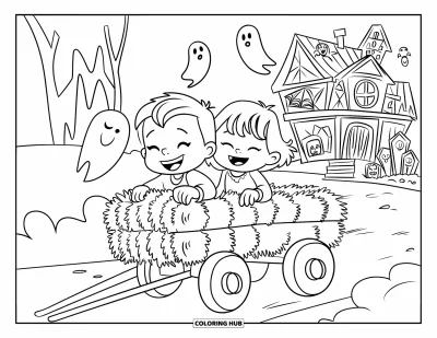 Coloriage de ferme pour enfants : Une scène de balade en charrette amusante avec des enfants, des citrouilles et un décor hanté