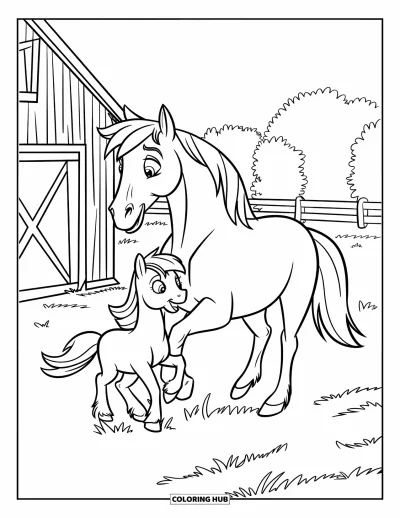 Coloriage de ferme pour enfants : Un poney joueur et un cheval amical trottent dans un champ herbeux
