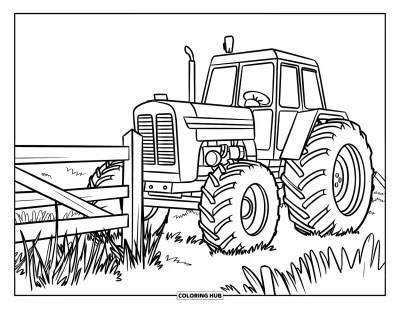 Coloriage de ferme pour enfants : Un puissant tracteur aux roues surdimensionnées attend près d'une clôture en bois