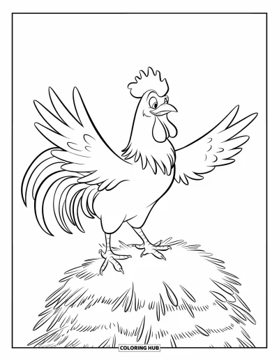 Coloriage de ferme pour enfants : Un coq fier perché sur une meule de foin sous un ciel dégagé