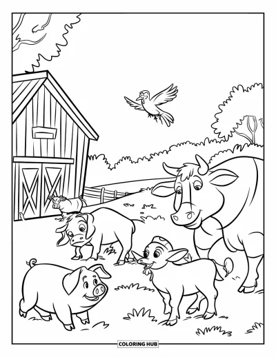 Coloriage de ferme pour enfants : Un coq chante pendant que le soleil du matin se lève au-dessus de la grange