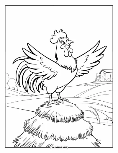 Coloriage de ferme pour enfants : Un coq chante sur une meule de foin pour saluer le nouveau jour à la ferme