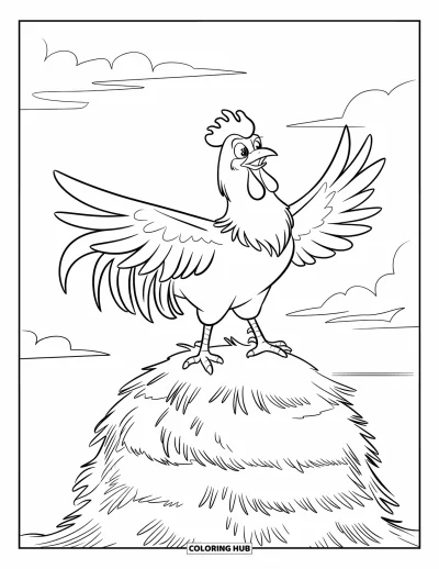 Coloriage de ferme pour enfants : Un coq étire fièrement ses ailes en se tenant sur une meule de foin