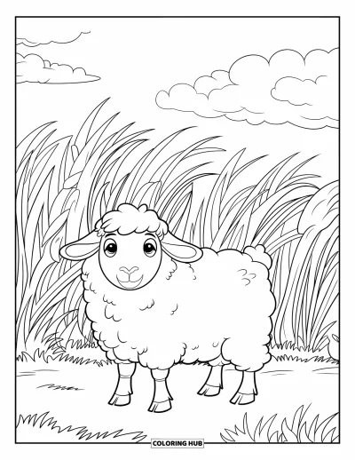 Coloriage de ferme pour enfants : Un mouton rond et laineux profite de la campagne paisible