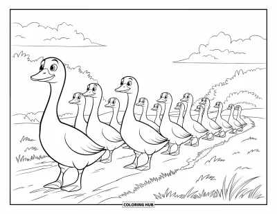 Coloriage de ferme pour enfants : Une rangée d'oies se dandine sur un chemin de terre à travers un champ herbeux